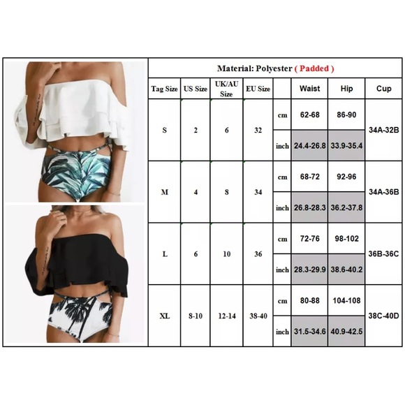 CLEARANCE Off Shoulder Ruffle Tropical Palm Leaf Bikini Suit - Picture 2 of 2